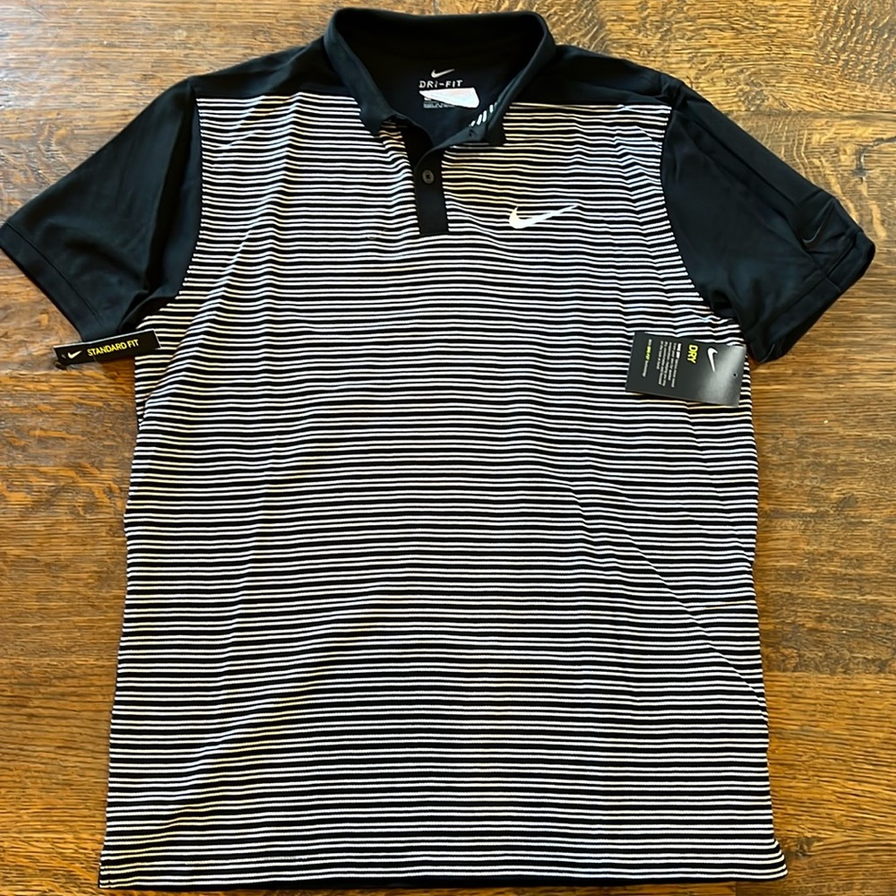 Nike Dry Fit s/s golf polo. Size medium black with white stripes. NWT